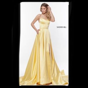 Sherri Hill 51631 YELLOW Open Lace Up Back High Slit Hem Altered Size 10